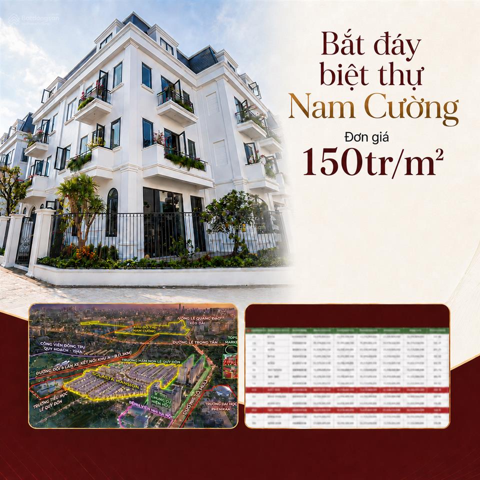 Giảm sâu 35%. biệt thự solasta nam cường giá gần 150tr/m2. nhận nhà ngay, sổ có sẵn từng căn