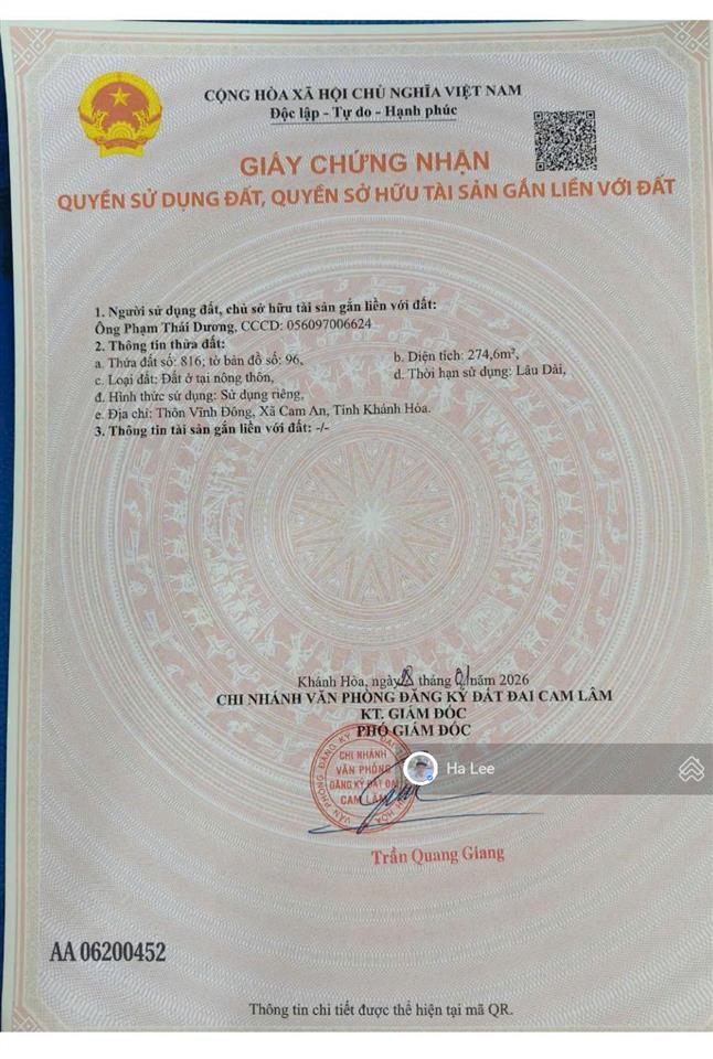 Bán lô đất full thổ cư tại thôn vĩnh đông, xã cam an, khánh hòa