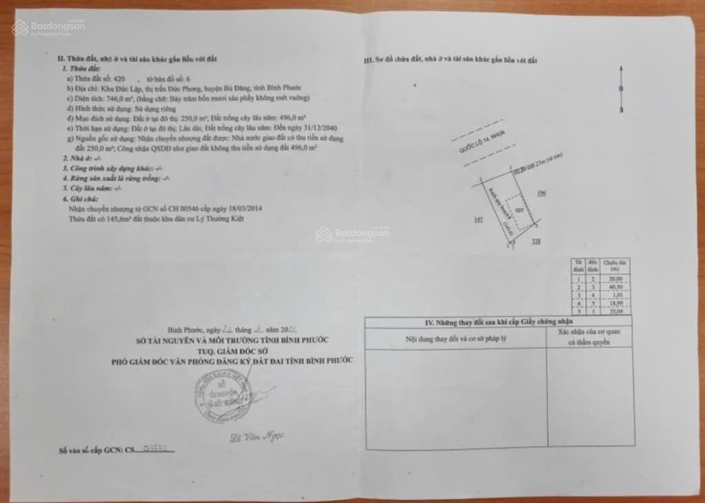 Chính chủ cần bán đất tại quốc lộ 14 thị trấn đức phong, bù đăng, 746m2, mặt tiền rộng, sổ sẵn