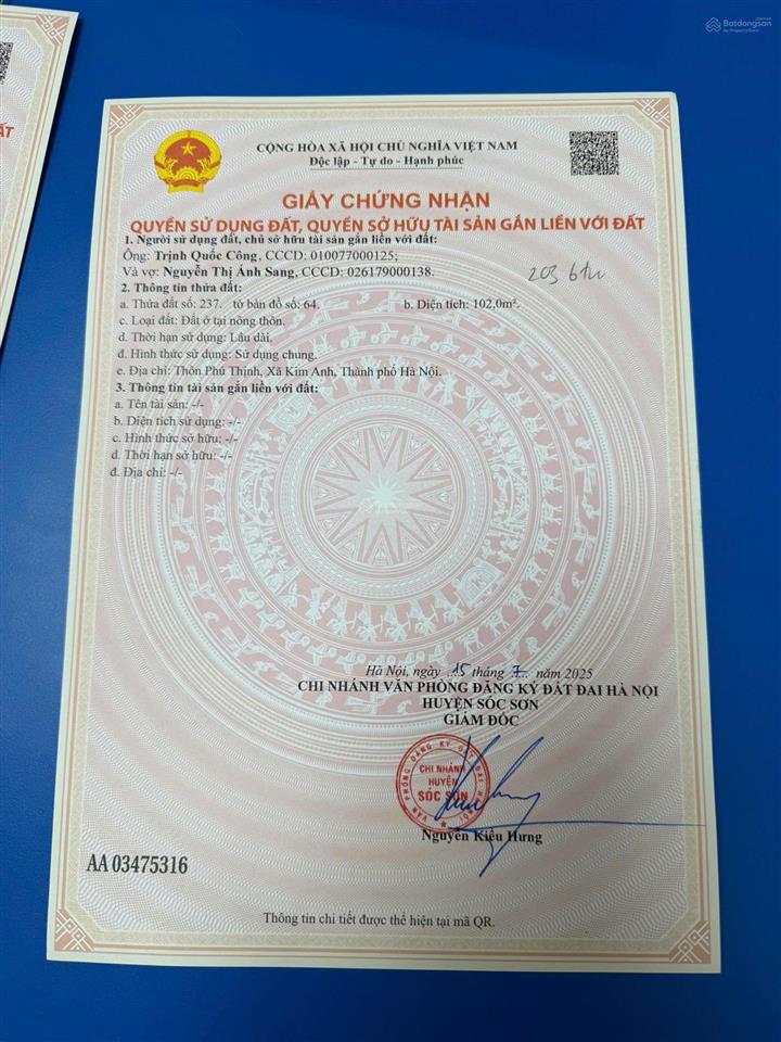 Cc cần thanh khoản lô đất 102m² full thổ cư phú thịnh  xã kim anh  tp hà nội