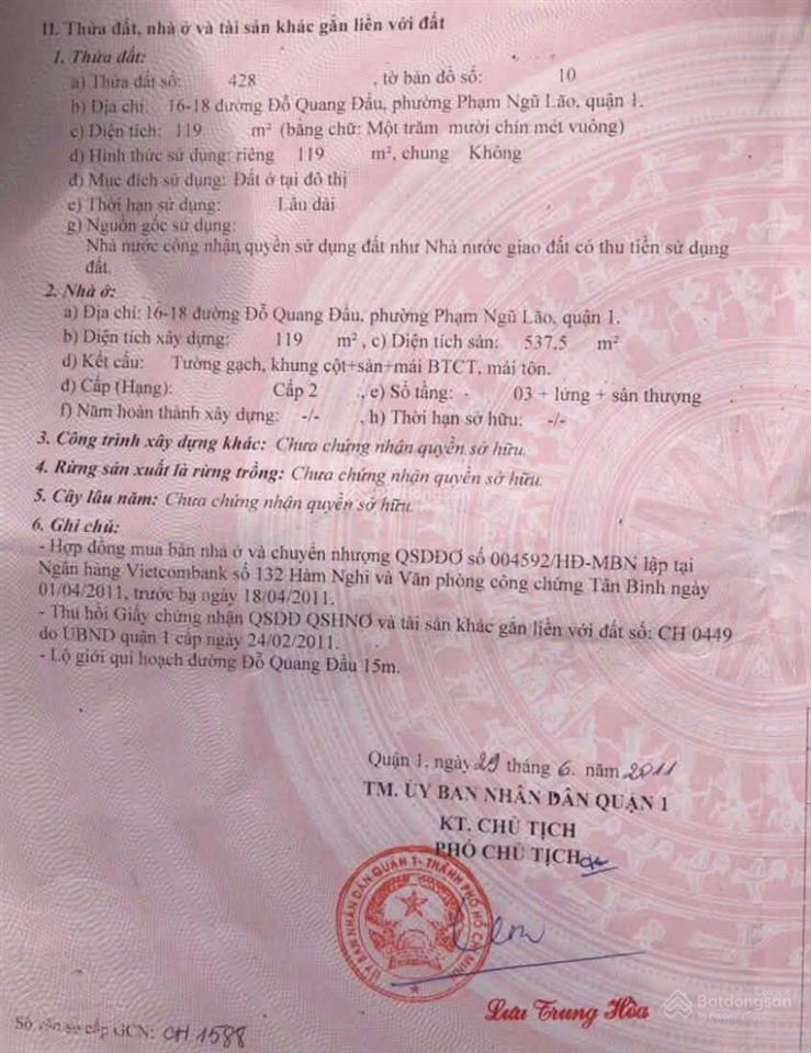 Chính chủ bán nhà 1618 đỗ quang đẩu q1. giá 87 tỷ