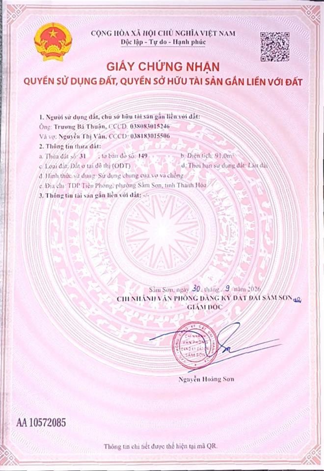 Sở hữu ngay căn nhà 91 m2 chỉ nhỉnh 1 tỷ ngay trung tâm tp sầm sơn