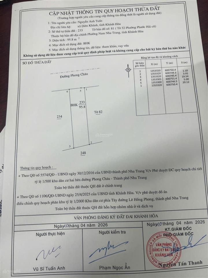 Bán lô đất giá rẻ mặt tiền phong châu gần lê hồng phong  nha trang. 95.8m2 giá 8.6 tỷ.