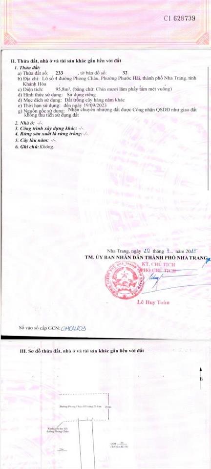 Bán lô đất giá rẻ mặt tiền phong châu gần lê hồng phong  nha trang. 95.8m2 giá 8.6 tỷ.