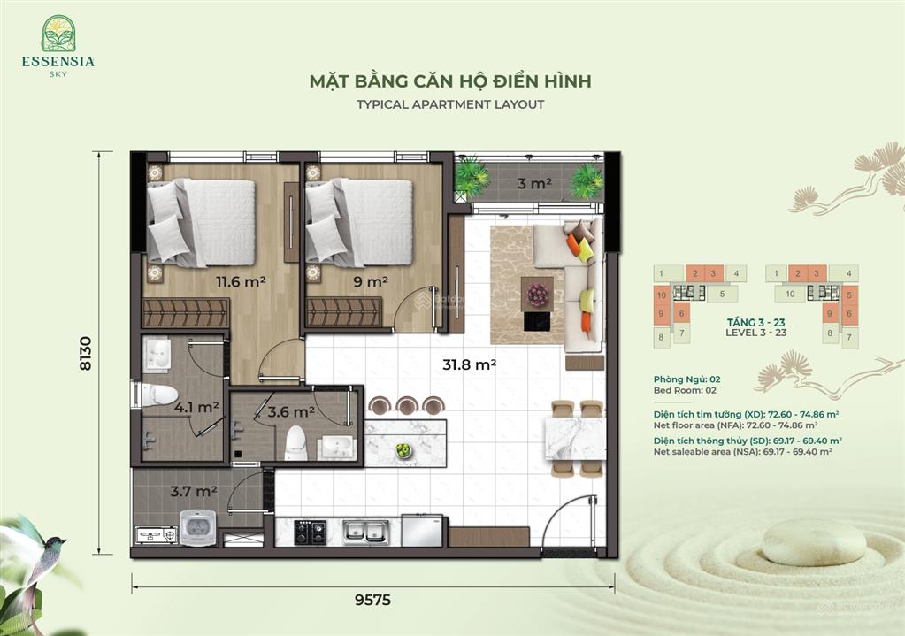 Bán nhanh căn 2 phòng ngủ 74m2 hướng đông nam view biệt thự giá tốt