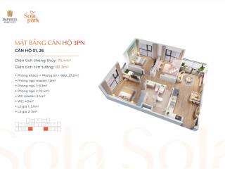 Sốc căn 75m2 3 phòng ngủ sola giá 4.4 tỷ hướng đb mát mẻ free dịch vụ, full đồ sắp sửa bàn giao
