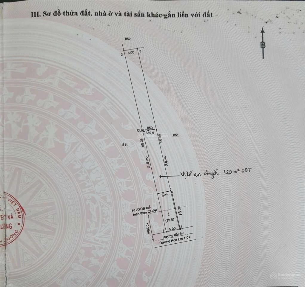 Bán đất mặt tiền đường hòa lợi 03 (nhựa), gần đt 741, diện tích 679,8m2, thổ cư 120 m2
