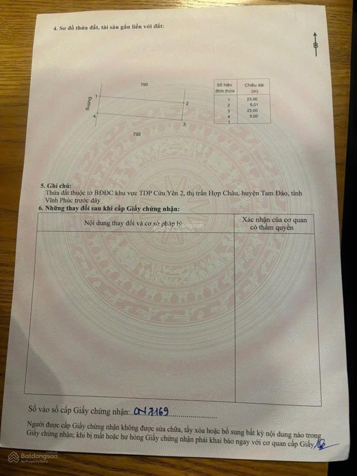 Cần bán 115m mt 5m đất vuông đẹp tại trung tâm thị trấn hợp châu, huyện tam đảo. diện tích