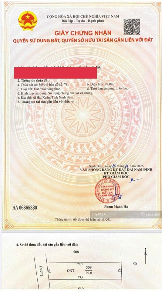 Gia đình em cần bán lô đất tại hải xuân  hải hậu  ninh bình, 92m2, mt 4,6m giá 1tỷ400tr