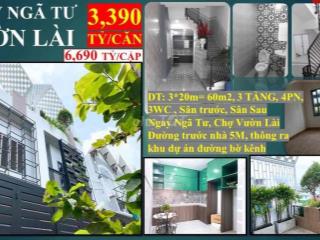 NGÃ TƯ VƯỜN LÀI - 60M2 ĐẤT, 3  tầng - 4pn- 3,390 TỶ.