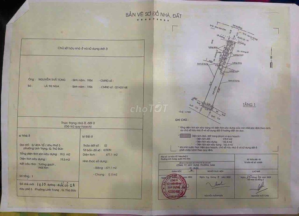 1000m2 ĐẤT MTiền Q.LỘ 1A - đối diện KHU ĐH N.LÂM , cách GA METRO 200m