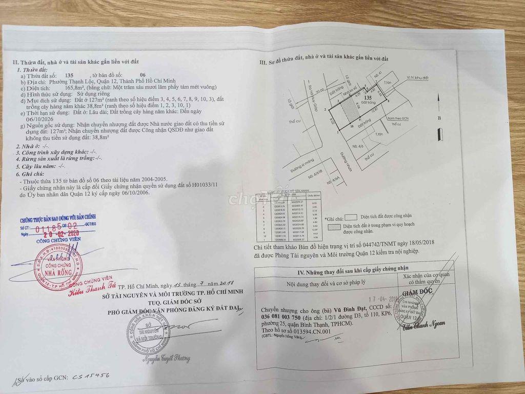 8,9TỶ - 8X22= 165,8m2, ĐẤT MẶT TIỀN THẠNH LỘC 41 -cách Hà Huy Giáp 90m
