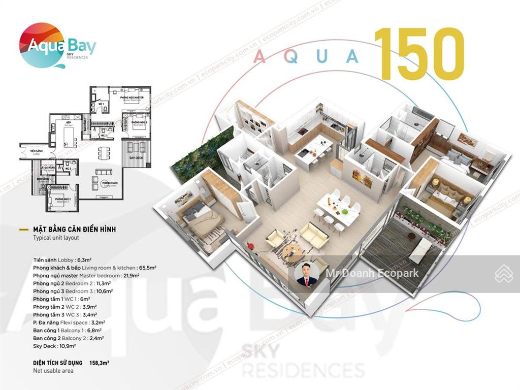 Hàng hiếm aqua bay  căn góc 158m2, 3 phòng ngủ + | giá tốt 9,8 tỷ