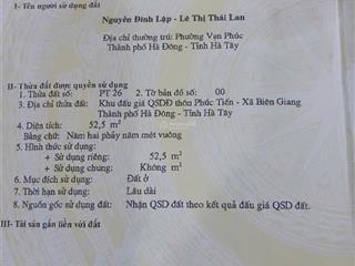 Bán đất quốc lộ 6, biên giang, hà đông, 3,2 tỷ, 52,5 m2, chính chủ đẹp, nhiều tiện ích