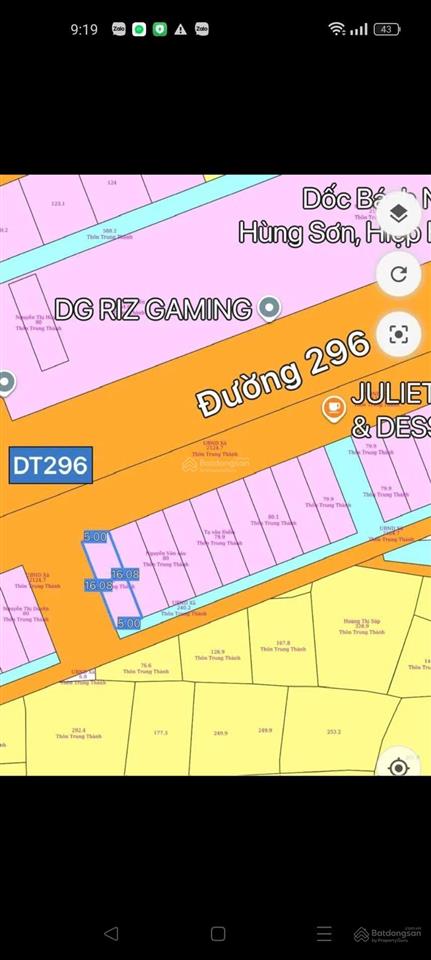 Bán đất tại đường tỉnh lộ 296, hùng sơn, hiệp hòa, 80m2 mt 5m, đối diện kdc bách nhẫn giá 3.8 tỷ