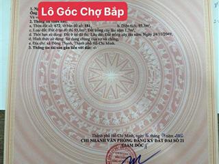 Đất góc 2 mặt tiền 2 sẹc ngắn tô ký, dt95m2, sổ hồng riêng, gần chợ bắp