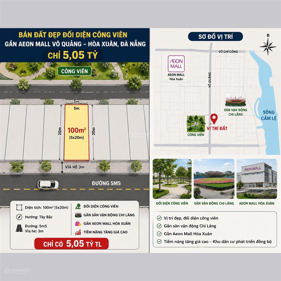 Bán đất đẹp đối diện công viên, gần aeon mall hoà xuân, đà nẵng  chỉ 5,05 tỷ