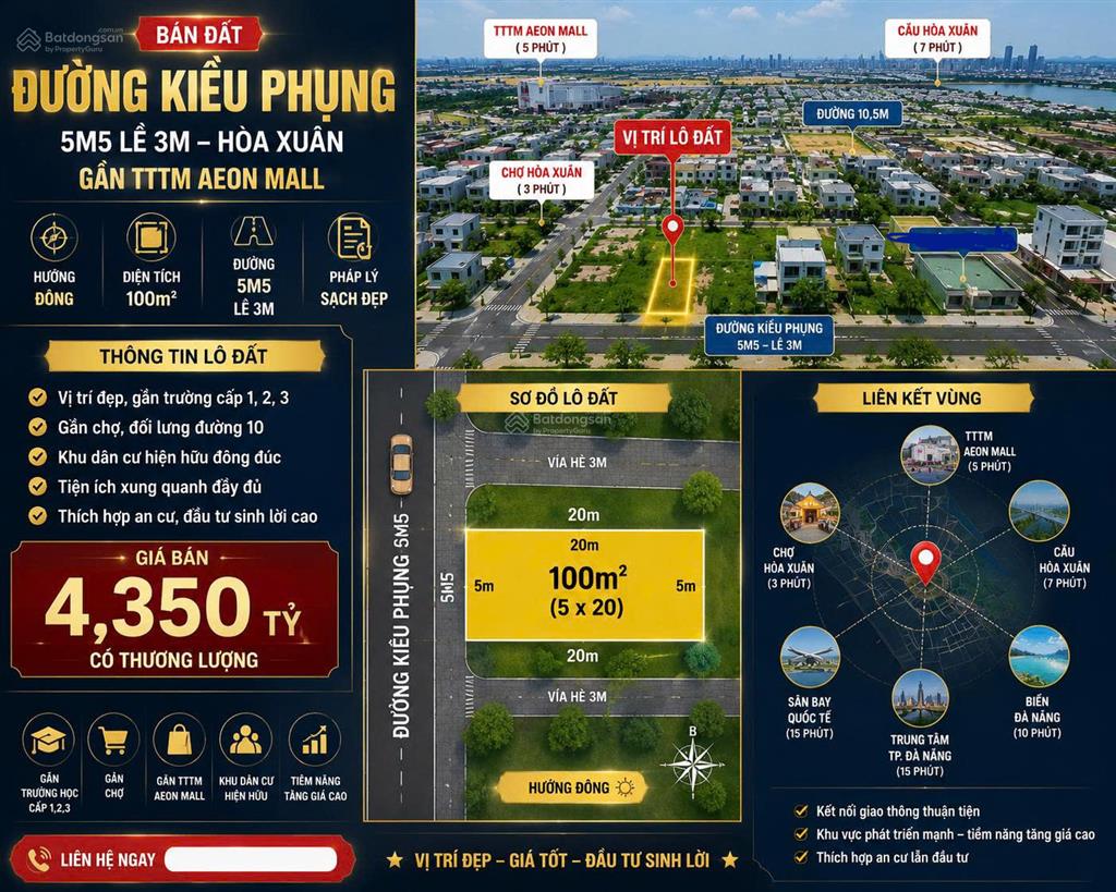 Bán đất đường kiều phụng 5m5 lề 3m  hoà xuân  gần tttm aeon mall