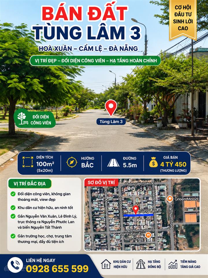Bán đất đối diện công viên tùng lâm 3, hòa xuân