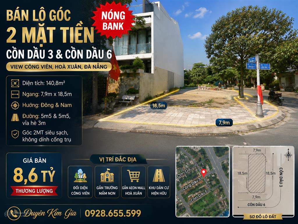 Bán lô góc 2 mặt tiền cồn dầu 3 & cồn dầu 6 view công viên, hòa xuân, đà nẵng