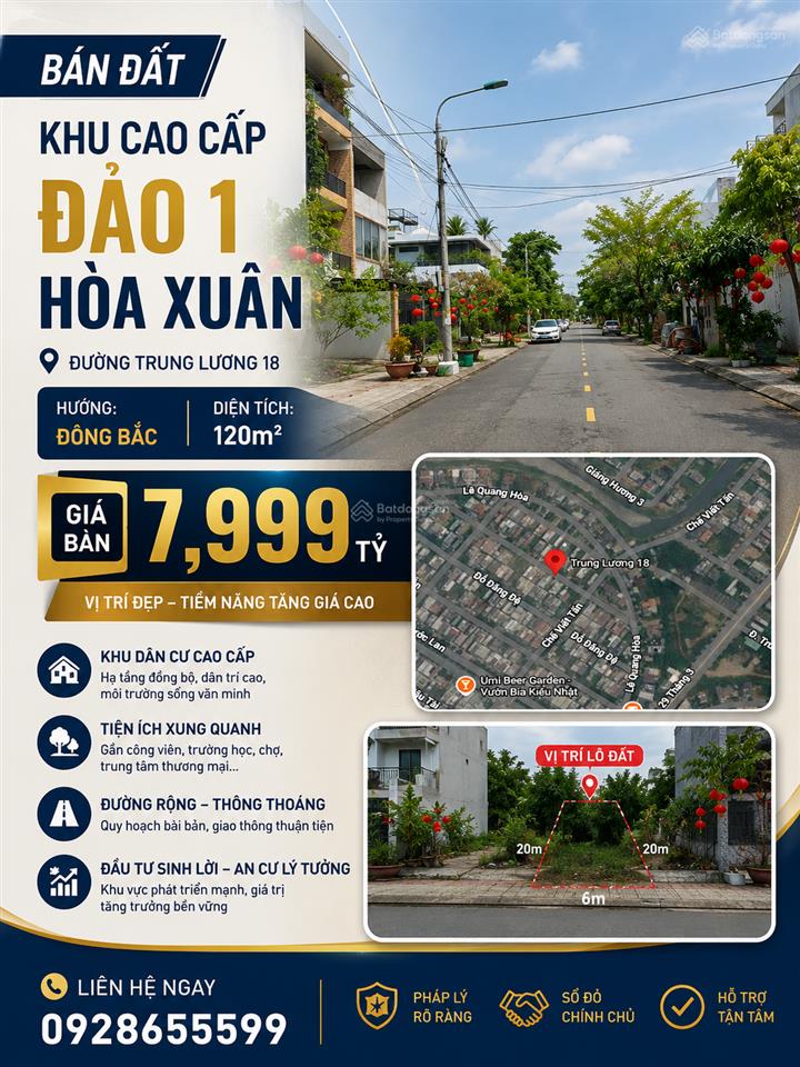 Bán đất khu cao cấp đảo 1 hòa xuân trung lương 18, đà nẵng
