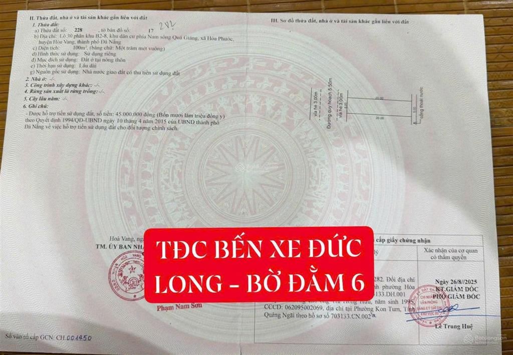 Bán nhanh lô đất sạch, đẹp đường bờ đằm 6 hoà xuân, tp đà nẵng