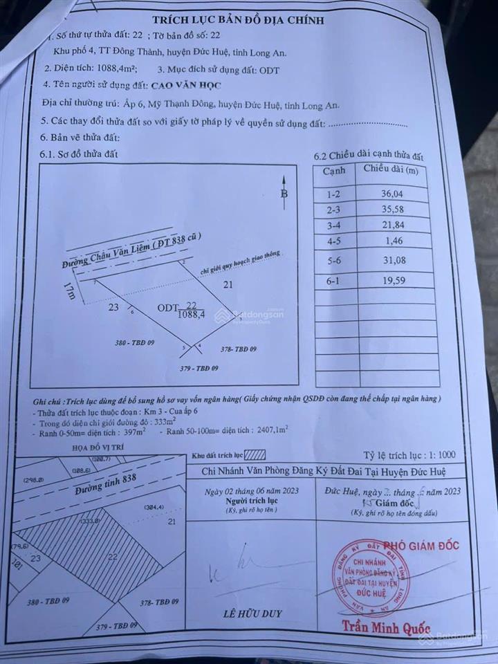 Bán 3892m2 mt đt838 , có 1088 ođt , còn lại luc