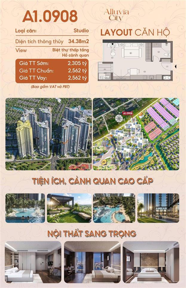 Chính chủ cần bán căn studio 34,38m2 alumi view hồ giá 2,3 tỷ  0964 538 ***
