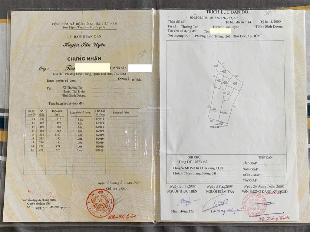 Bán đất 7673m2 có sẵn 300 m2 thổ cư giá 25 tỷ tại xã thường tân huyện bắc tân uyên bình dương