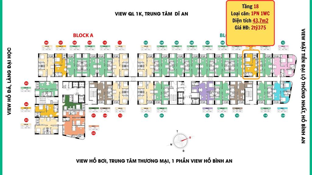 Bán cc tháp cuối cùng trong khu bcons city, 2,375 tỷ, 43,7m2, 1pn, 1wc, view đẹp, dĩ an, bình dương