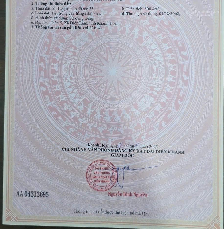 Bán đất thôn 5  diên lâm  diên khánh  khánh hoà.