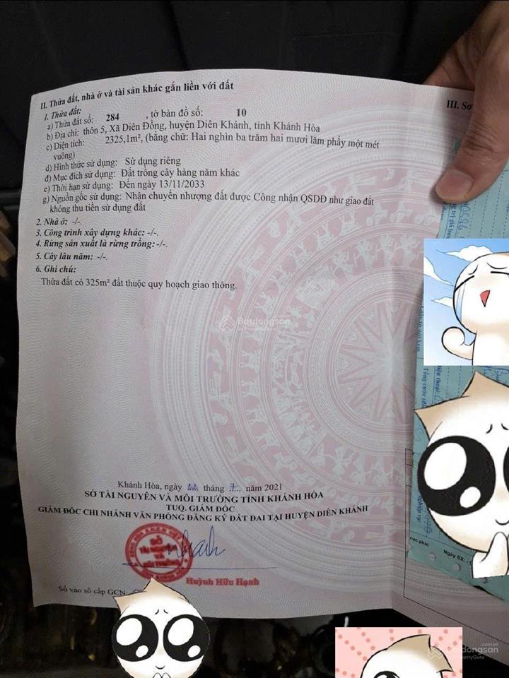 Bán đất dt 2.325 m2 thôn 5  diên đồng (nay là diên lâm)  diên khánh