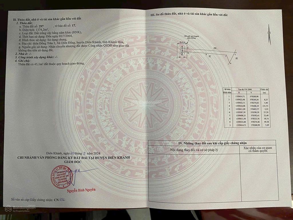 Bán đất dt 1.374 m2 thôn đồng trăn 3  diên đồng (nay là diên lâm)  diên khánh