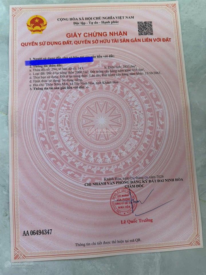 Cần đẩy nhanh lô đất thổ cư cách ql 26 chỉ 40m tại thôn xóm mới, xã tây ninh hòa, khánh hòa