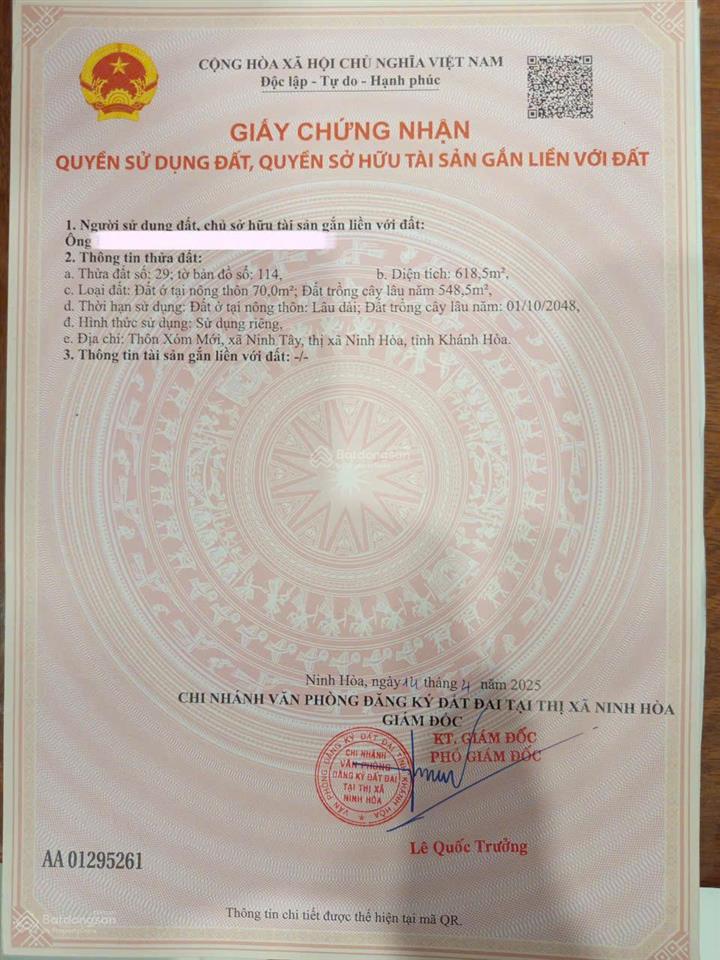 Cần đẩy nhanh lô đất thổ cư mặt tiền ql 26 tại thôn xóm mới, xã tây ninh hòa, khánh hòa