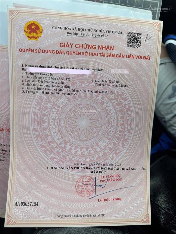 Cần bán lô đất full thổ cư tại thôn buôn đung, xã tây ninh hòa, khánh hòa