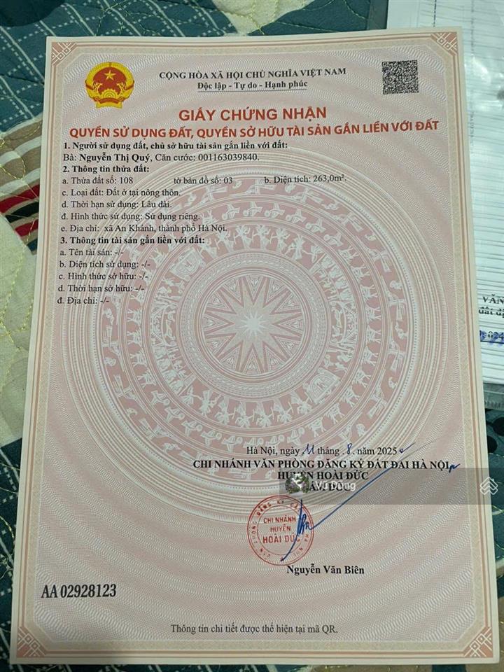 Đất thổ cư an thọ 1 nở hậu 263m², mặt tiền 7,57m, đường ô tô tránh, ngay chân chung cư