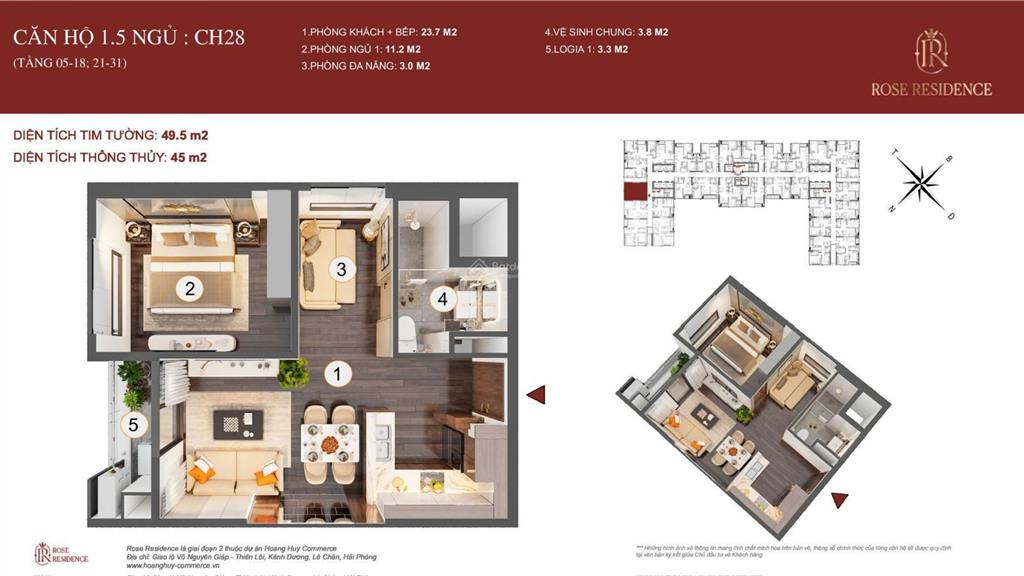 Bán căn 1.5 phòng ngủ tầng đẹp giá tốt nhất toà rose residence