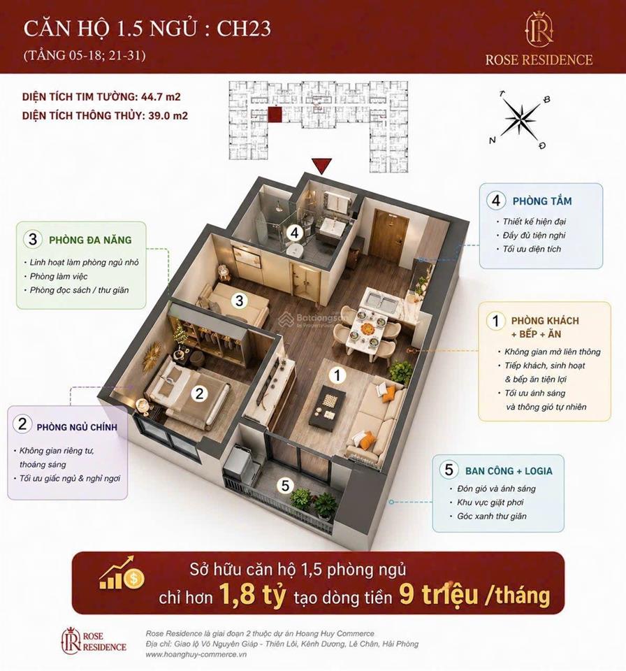 Bán căn 1.5 pn hướng đông nam tầng đẹp giá tốt tòa rose residence. đã vào 50%