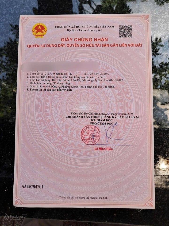 Bán gấp đất nền đẹp, nguyễn hữu cảnh, đông hòa, dĩ an, bình dương, 95m2