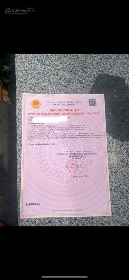Đất sổ riêng gần ngã ba cây điệp dĩ an 107m ngang 5