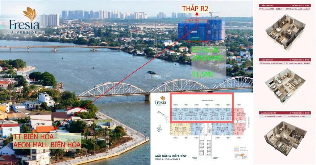 Bán căn hộ fresia riverside 100% view sông biên hòa đồng nai tt 25% sở hữu cách metro suối tiên 10p