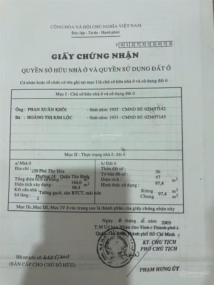 Mình chính chủ bán căn 314 phú thọ hòa khu kd vải (6x17=97m) giá 17,5 tỉ thương lượng