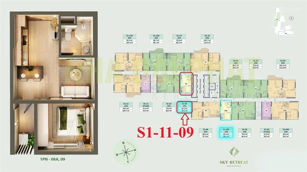 Siêu hiếm, bán căn hộ 1pn 1wc sky retreat, view sông bến lức