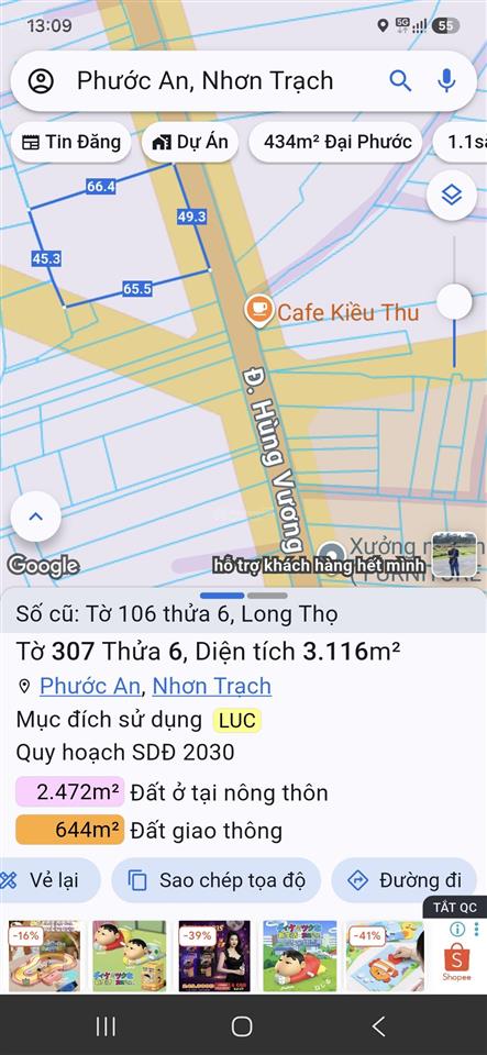 Bán đất long thọ mặt tiền hùng vương gần kcn nhơn trạch, thích hợp kho xưởng, bãi xe