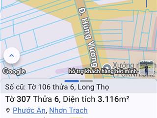 Bán đất long thọ mặt tiền hùng vương gần kcn nhơn trạch, thích hợp kho xưởng, bãi xe