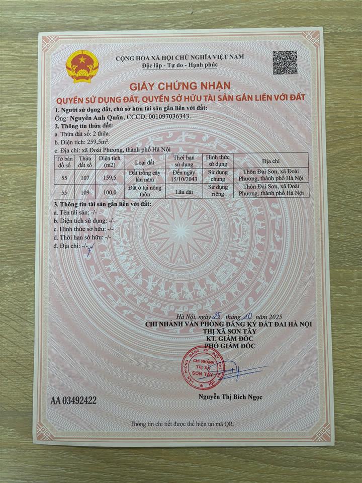 MẢNH ĐẤT VÀNG GIÁ F0 TẠI SƠN ĐÔNG, SƠN TÂY, HÀ NỘI. 100m2 full thổ, mặt tiền 6,8m