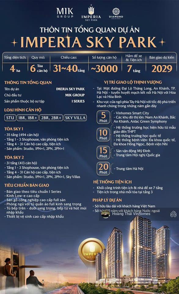 Imperia sky park căn studio dt 27m2 giá chỉ từ 2,5 tỷ  ck tts 15% ân hạn 24t