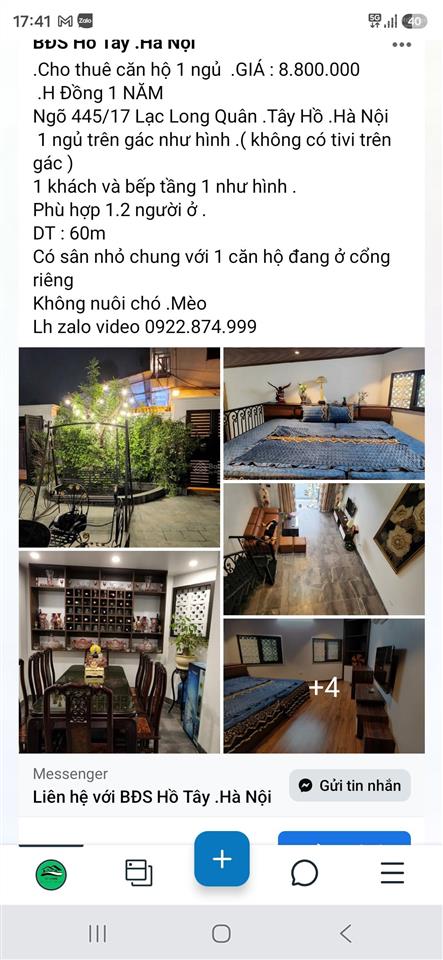 Cho thuê căn hộ 1 phòng ngủ. giá 8.500.000đ, ngõ 445/17 lạc long quân, tây hồ, hà nội