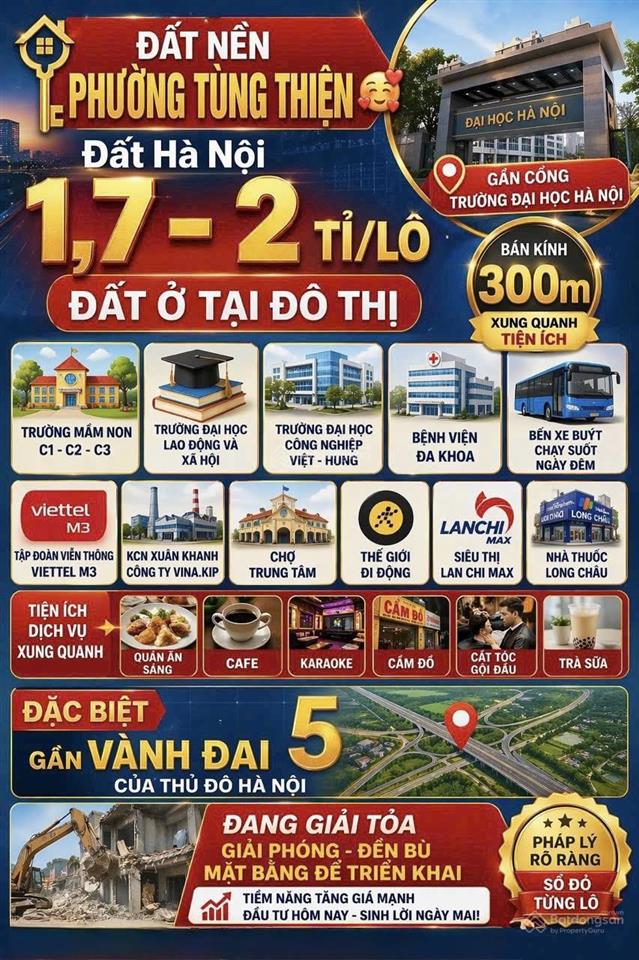 Đất nền phường tùng thiện giá chỉ 1tỷ7 vị trí vàng gần 2 trường đh lớn